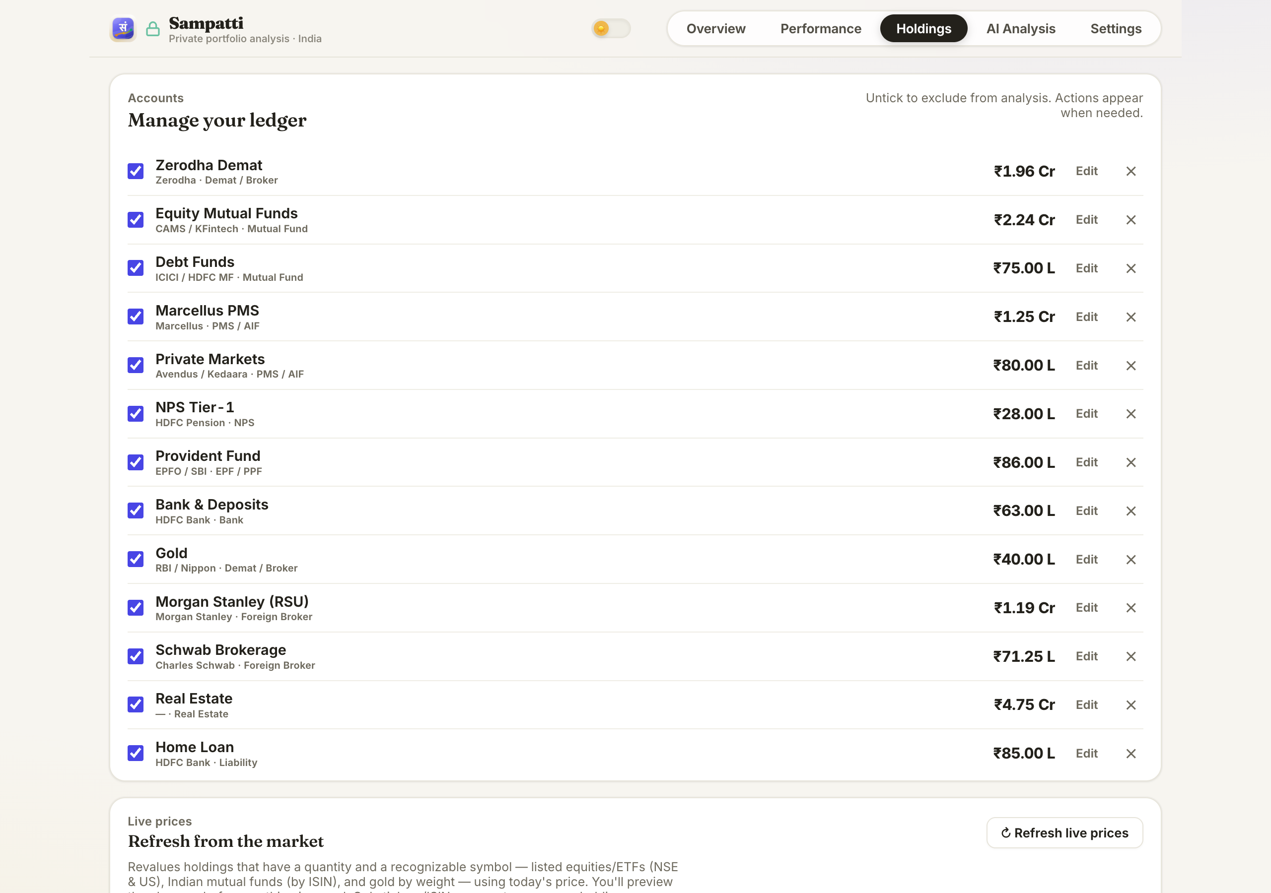 Holdings grouped by type with health score metrics
